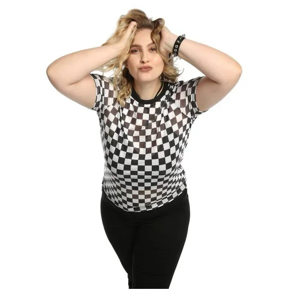 Hot Topic Black & White Checkered Women’s Mesh Top S/M - Picture 2 of 10